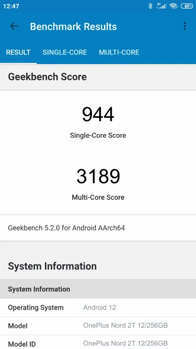 OnePlus Nord 2T 12/256GB Geekbench Benchmark점수