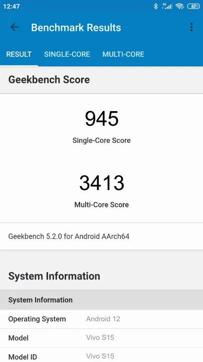 Skor Vivo S15 8/128GB Geekbench Benchmark