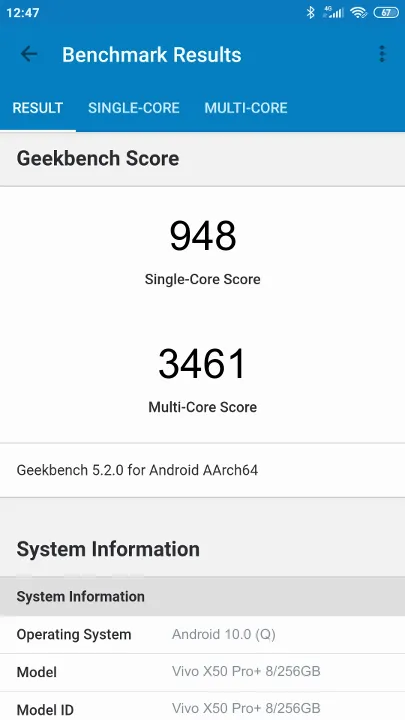 Wyniki testu Vivo X50 Pro+ 8/256GB Geekbench Benchmark