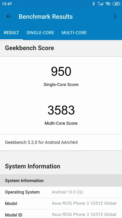 نتائج اختبار Asus ROG Phone 3 12/512 Global Geekbench المعيارية