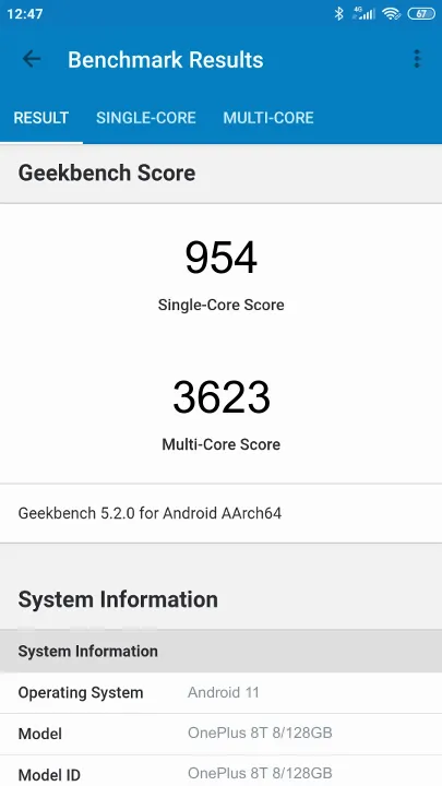 OnePlus 8T 8/128GB Geekbench benchmark score results