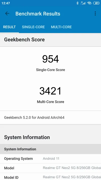 Pontuações do Realme GT Neo2 5G 8/256GB Global ROM Geekbench Benchmark