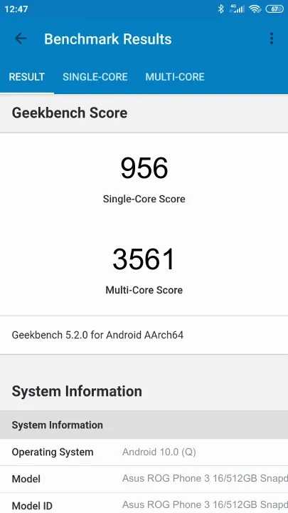 نتائج اختبار Asus ROG Phone 3 16/512GB Snapdragon 865 Plus Geekbench المعيارية