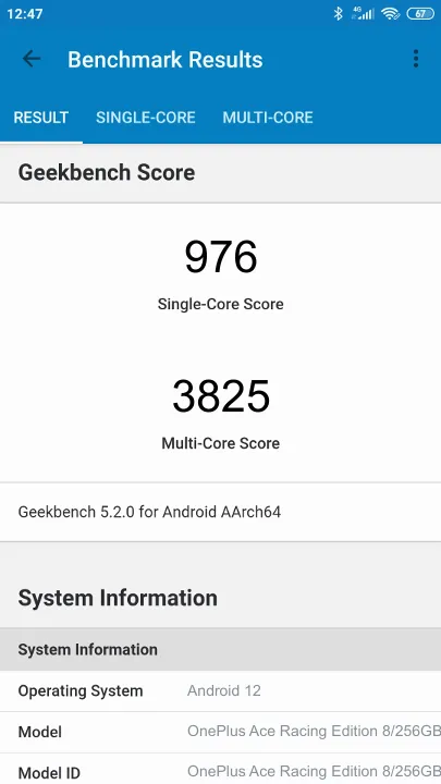 Punteggi OnePlus Ace Racing Edition 8/256GB Geekbench Benchmark