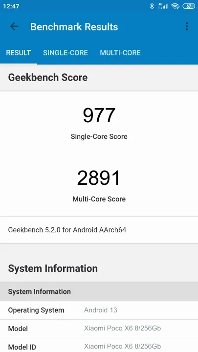 Punteggi Xiaomi Poco X6 8/256Gb Geekbench Benchmark