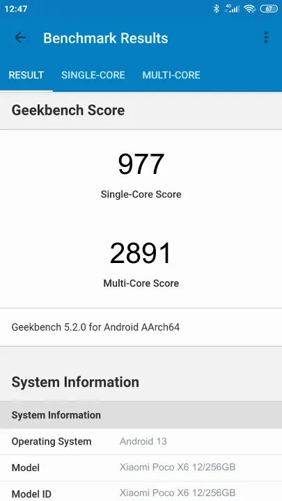 Xiaomi Poco X6 12/256GB Geekbench Benchmark점수