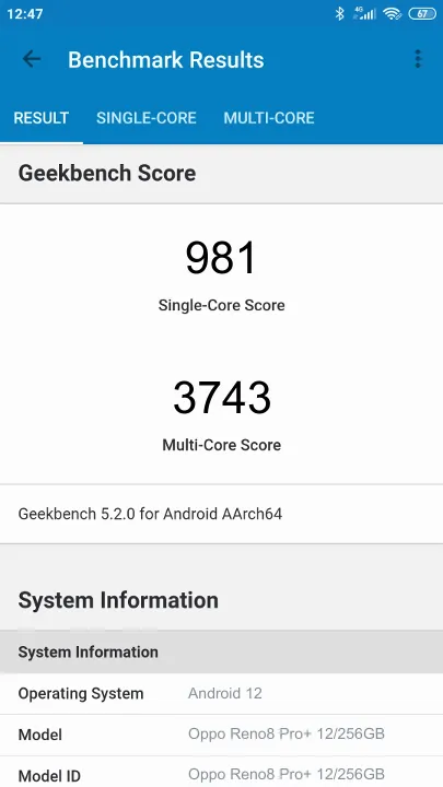 Wyniki testu Oppo Reno8 Pro+ 12/256GB Geekbench Benchmark