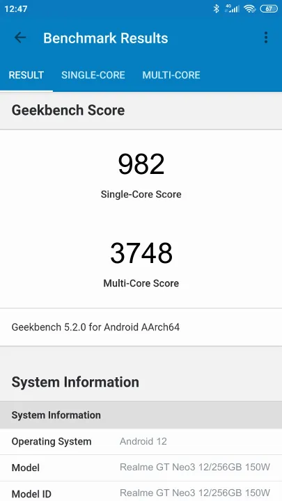 Realme GT Neo3 12/256GB 150W的Geekbench Benchmark测试得分
