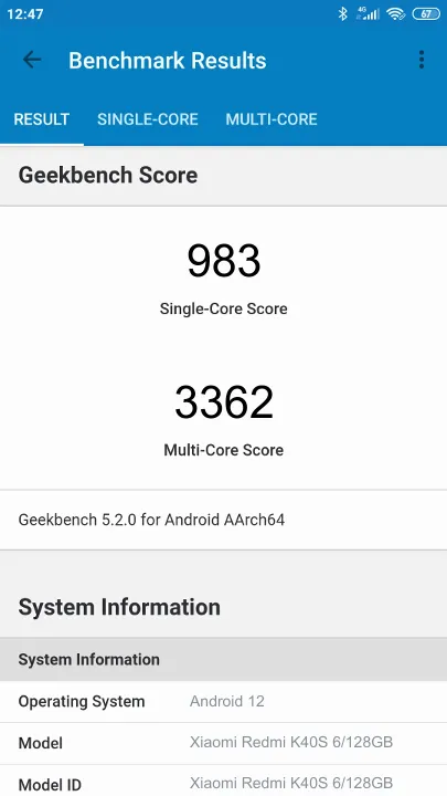 نتائج اختبار Xiaomi Redmi K40S 6/128GB Geekbench المعيارية