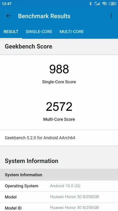 Pontuações do Huawei Honor 30 8/256GB Geekbench Benchmark