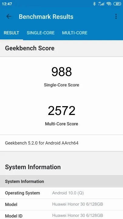 Huawei Honor 30 6/128GB Geekbench benchmark score results
