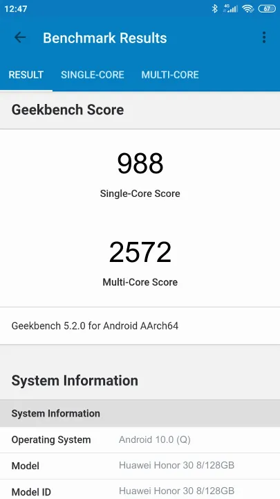 Wyniki testu Huawei Honor 30 8/128GB Geekbench Benchmark