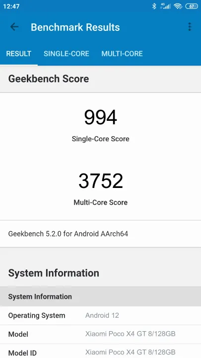 Xiaomi Poco X4 GT 8/128GB Geekbench benchmark score results
