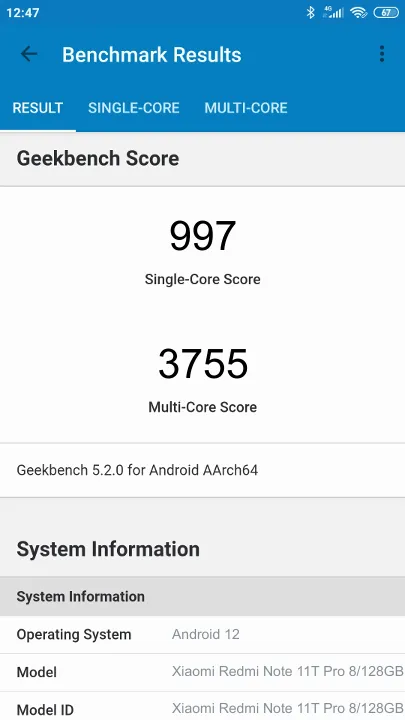 Wyniki testu Xiaomi Redmi Note 11T Pro 8/128GB Geekbench Benchmark