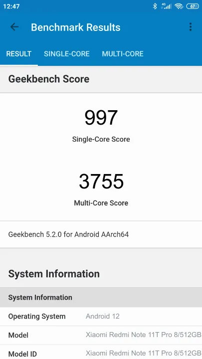 Xiaomi Redmi Note 11T Pro 8/512GB poeng for Geekbench-referanse