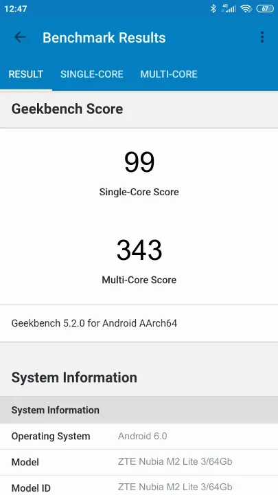 Wyniki testu ZTE Nubia M2 Lite 3/64Gb Geekbench Benchmark