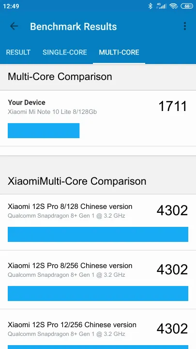 Xiaomi Mi Note 10 Lite 8/128Gb的Geekbench Benchmark测试得分