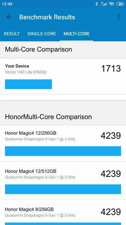 Wyniki testu Honor V40 Lite 6/64Gb Geekbench Benchmark