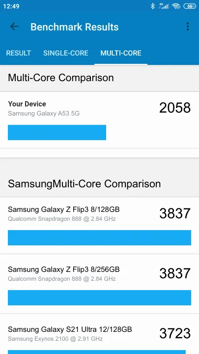 Samsung Galaxy A53 5G 6/128GB תוצאות ציון מידוד Geekbench