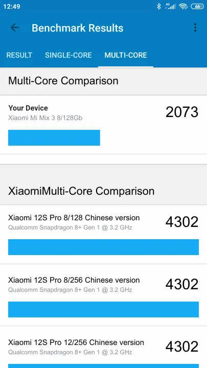 Pontuações do Xiaomi Mi Mix 3 8/128Gb Geekbench Benchmark