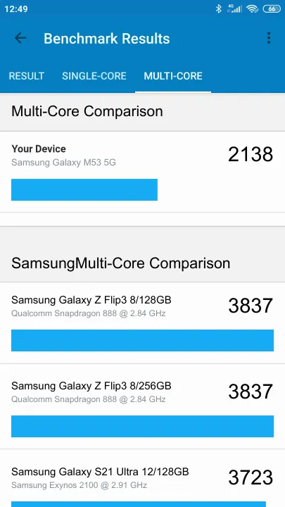 Samsung Galaxy M53 5G 6/128GB תוצאות ציון מידוד Geekbench