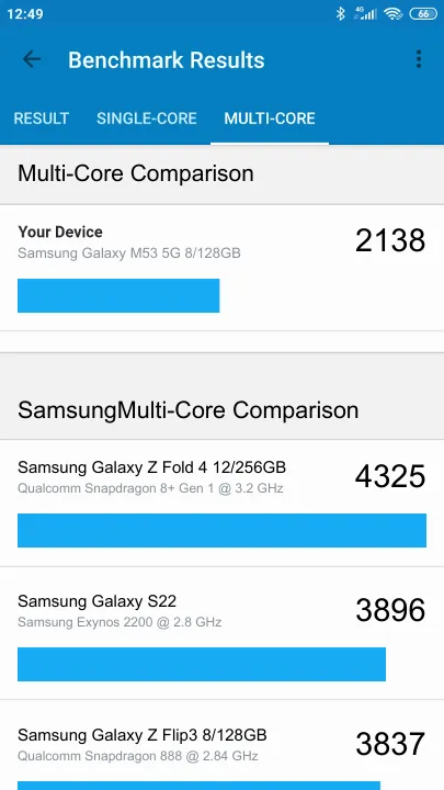 Samsung Galaxy M53 5G 8/128GB תוצאות ציון מידוד Geekbench