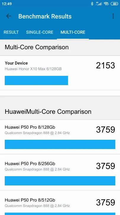 Pontuações do Huawei Honor X10 Max 6/128GB Geekbench Benchmark