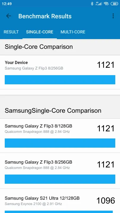Samsung Galaxy Z Flip3 8/256GB תוצאות ציון מידוד Geekbench