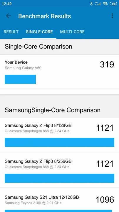Pontuações do Samsung Galaxy A50 Geekbench Benchmark