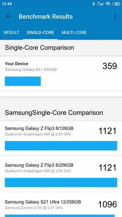 Samsung Galaxy A41 4/64GB תוצאות ציון מידוד Geekbench