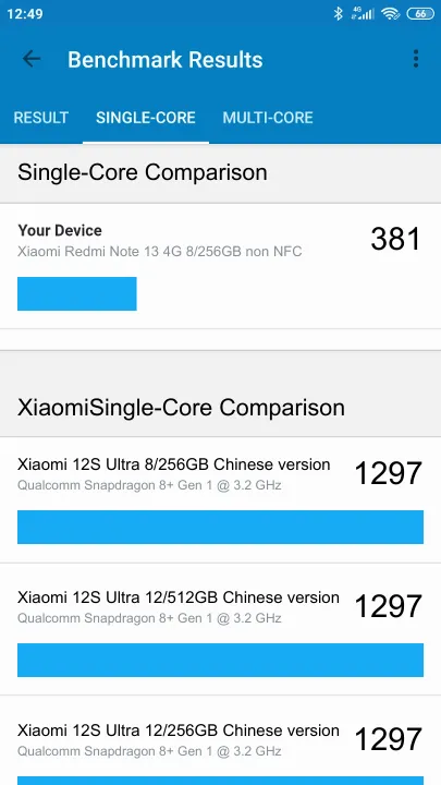 Pontuações do Xiaomi Redmi Note 13 4G 8/256GB non NFC Geekbench Benchmark