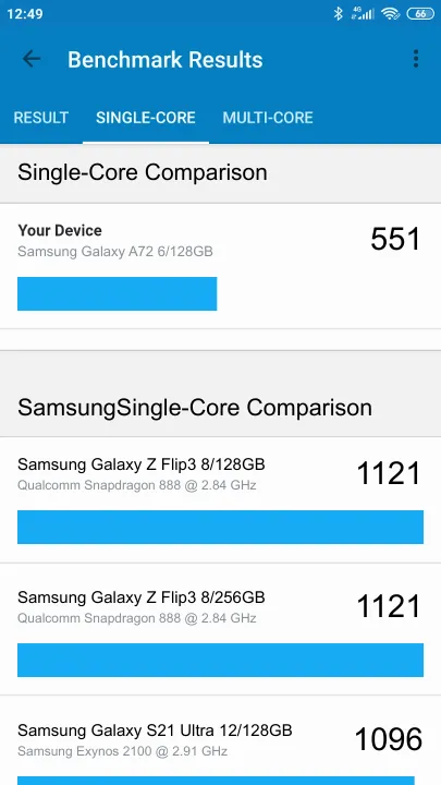 Wyniki testu Samsung Galaxy A72 6/128GB Geekbench Benchmark