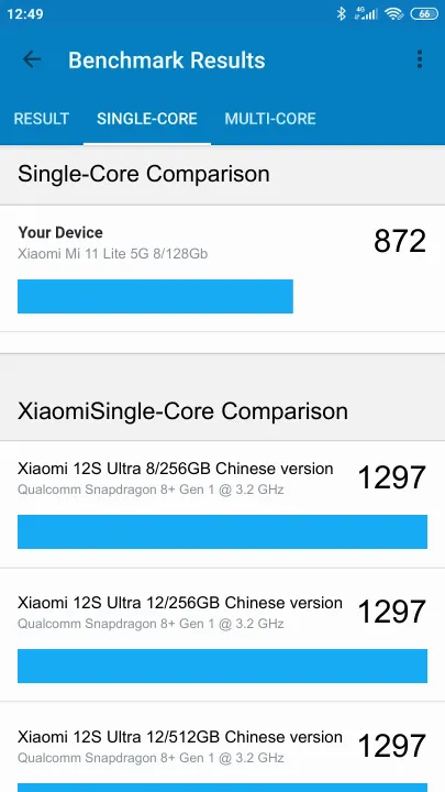 Pontuações do Xiaomi Mi 11 Lite 5G 8/128Gb Geekbench Benchmark