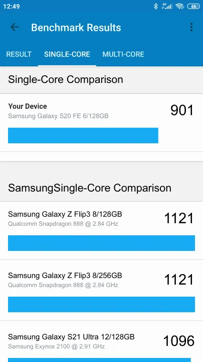 Pontuações do Samsung Galaxy S20 FE 6/128GB Geekbench Benchmark
