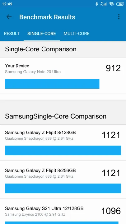 نتائج اختبار Samsung Galaxy Note 20 Ultra Geekbench المعيارية