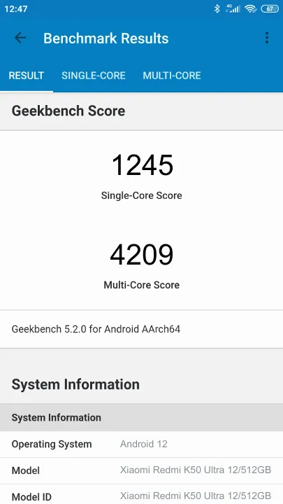 Xiaomi Redmi K50 Ultra 12/512GB Geekbench benchmark ranking