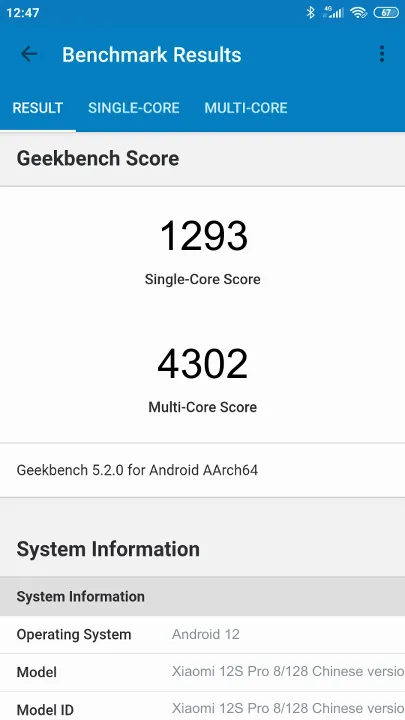Xiaomi 12S Pro 8/128 Chinese version Geekbench Benchmark-Ergebnisse