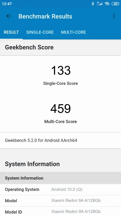Xiaomi Redmi 9A 4/128Gb Geekbench Benchmark-Ergebnisse