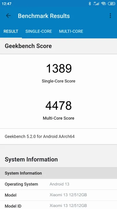 Wyniki testu Xiaomi 13 12/512GB Geekbench Benchmark