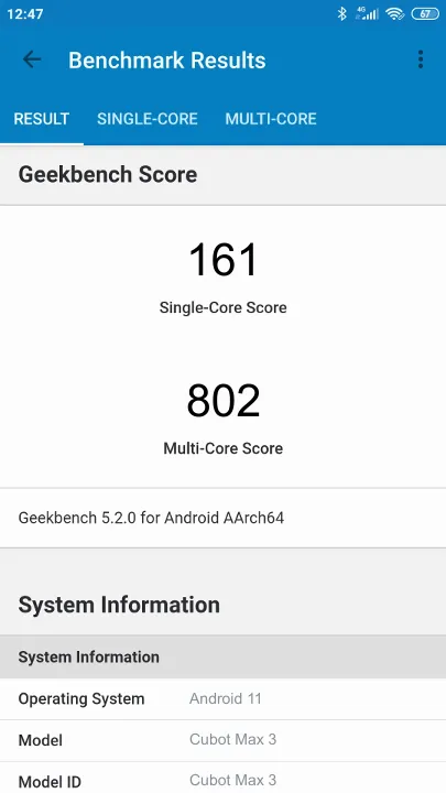 Cubot Max 3 Geekbench Benchmark-Ergebnisse