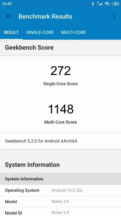 Nokia 3.4 Geekbench Benchmark-Ergebnisse