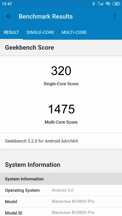 Blackview BV9800 Pro Geekbench benchmark: classement et résultats scores de tests