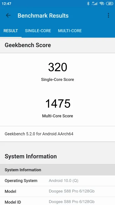 Doogee S88 Pro 6/128Gb Geekbench benchmark score results