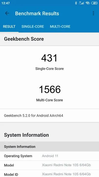 Xiaomi Redmi Note 10S 6/64Gb Geekbench benchmark ranking