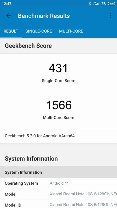 Xiaomi Redmi Note 10S 6/128Gb NFC Geekbench Benchmark-Ergebnisse
