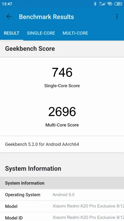 Xiaomi Redmi K20 Pro Exclusive 8/128Gb Geekbench benchmark: classement et résultats scores de tests