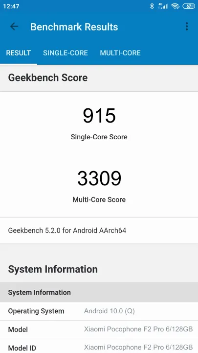 Xiaomi Pocophone F2 Pro 6/128GB Geekbench Benchmark-Ergebnisse