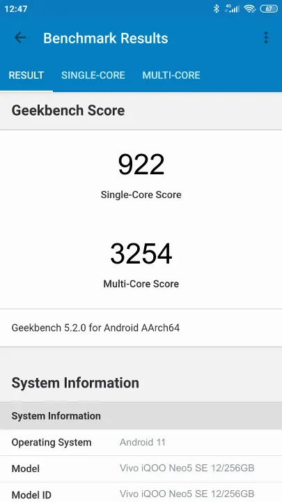 Vivo iQOO Neo5 SE 12/256GB Geekbench Benchmark-Ergebnisse